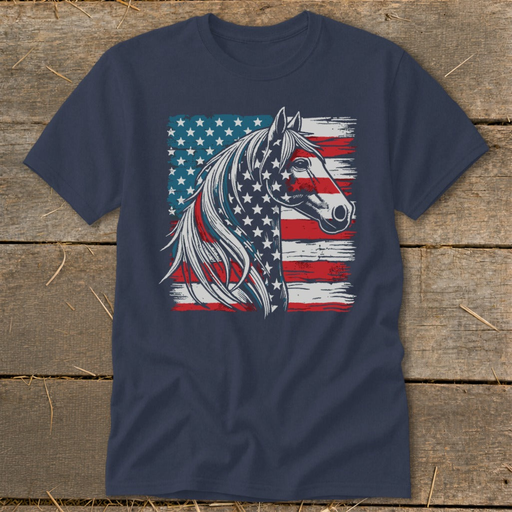Horse head silhouette with American flag design on a navy t-shirt.