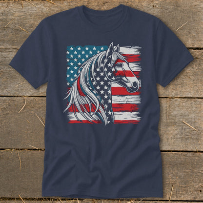 Horse head silhouette with American flag design on a navy t-shirt.