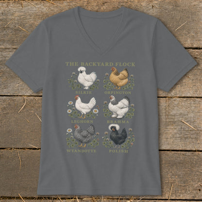 The Backyard Flock design with six chicken breeds: Silkie, Orpington, Leghorn, Brahma, Wyandotte, and Polish.