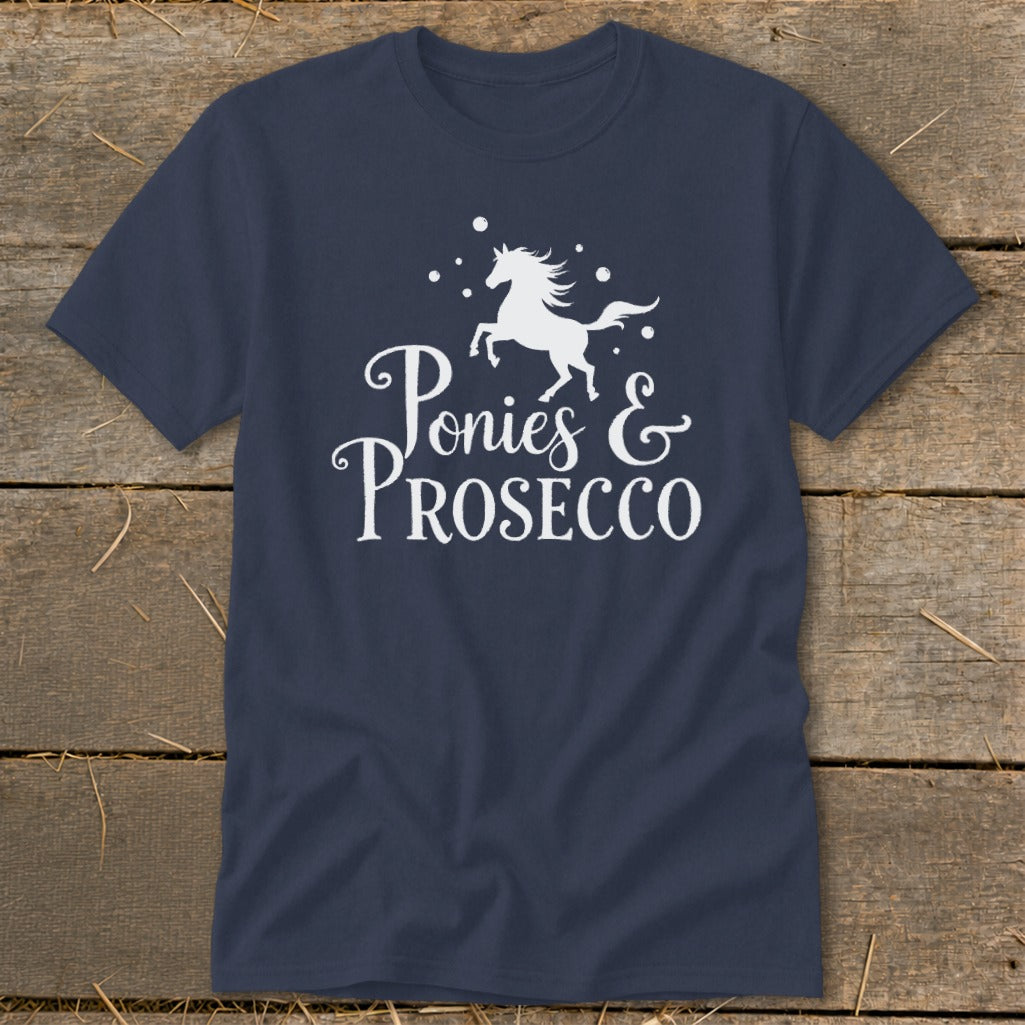Navy t-shirt with white text that reads "Ponies & Prosecco" and a horse graphic.