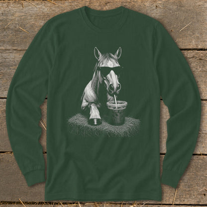 Horse wearing sunglasses drinks from a cup with a straw, printed on a dark green long-sleeved shirt.