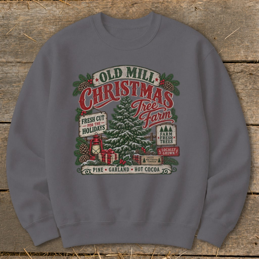 Old Mill Christmas Tree Farm graphic with pine, garland, and hot cocoa text.