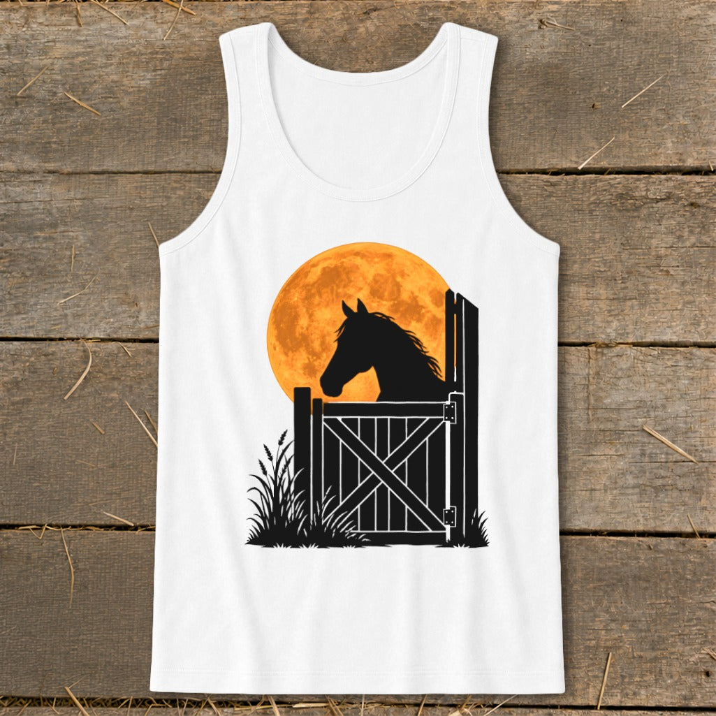 A white tank top with a graphic of a horse silhouetted against a full moon.