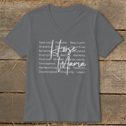 Grey t-shirt with "Horse Mama" text listing associated qualities.