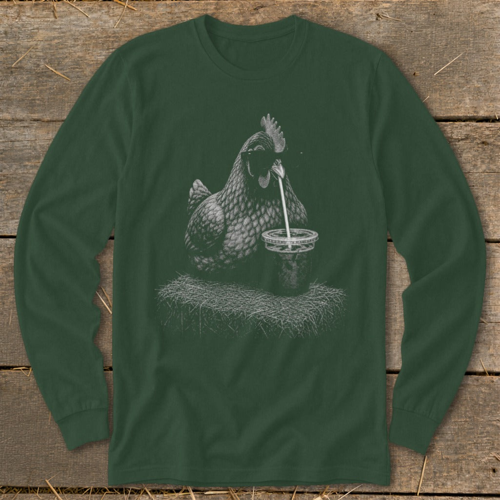 Line art of a chicken drinking from a cup with a straw on a pile of straw.