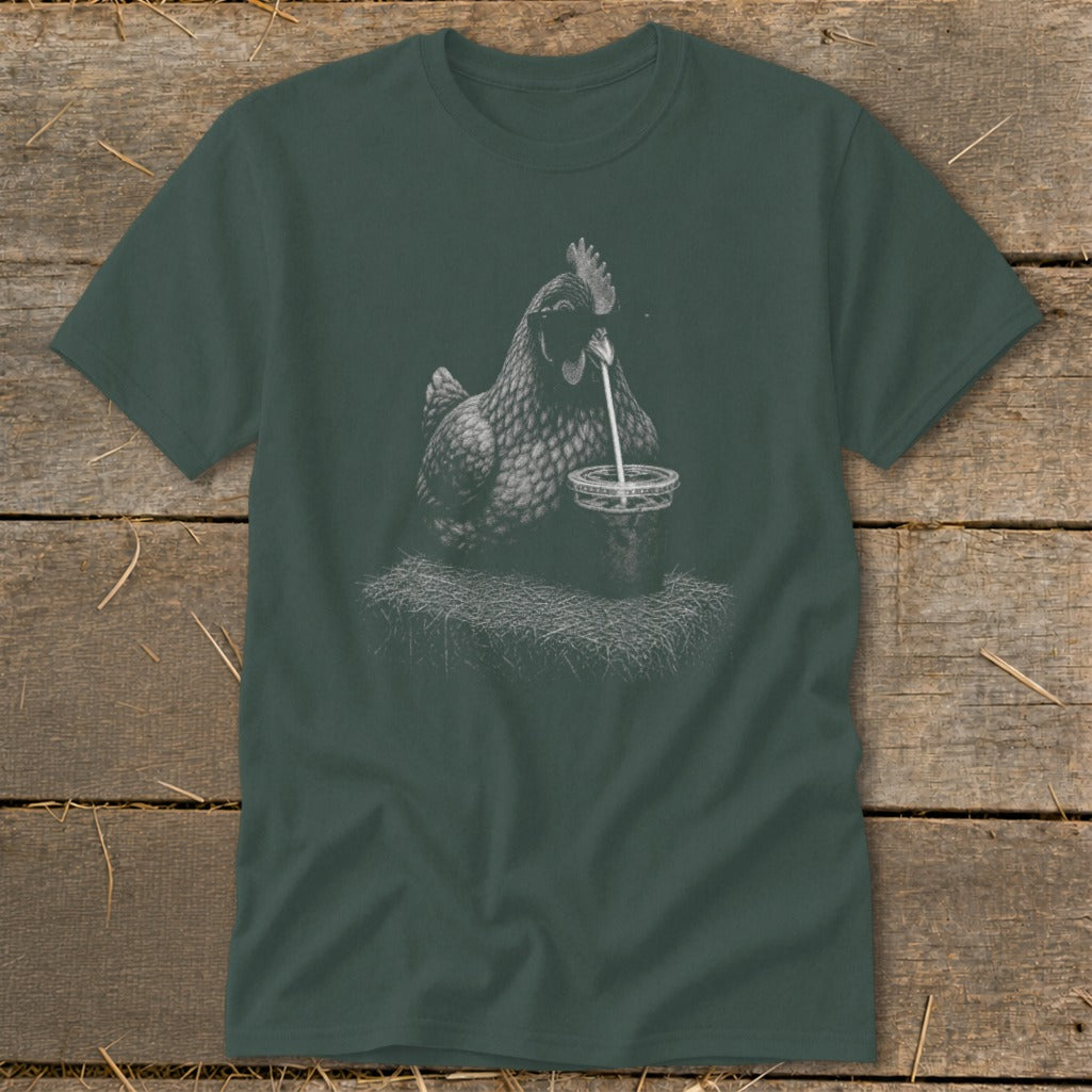 Chicken drinking from a cup with a straw on hay, printed on a dark green t-shirt.
