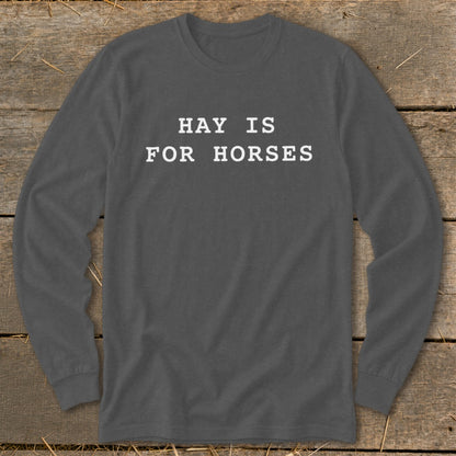 Long sleeve charcoal shirt with white text "HAY IS FOR HORSES".