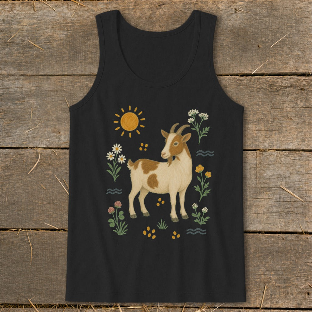 Black tank top with a brown and white goat illustration surrounded by sun, flowers, and waves.