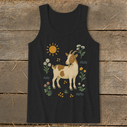 Black tank top with a brown and white goat illustration surrounded by sun, flowers, and waves.