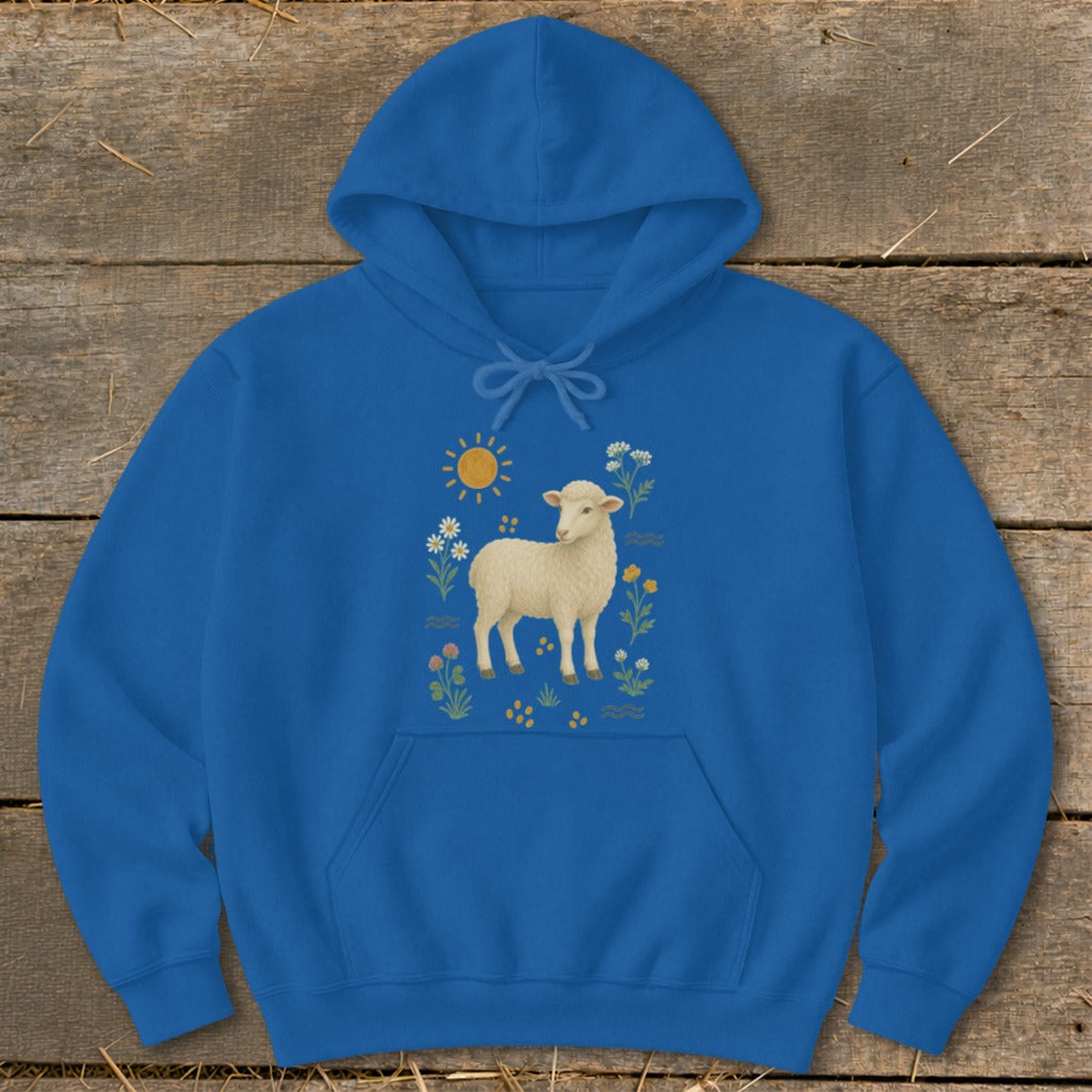 Blue hoodie with a cream sheep, sun, and floral design.