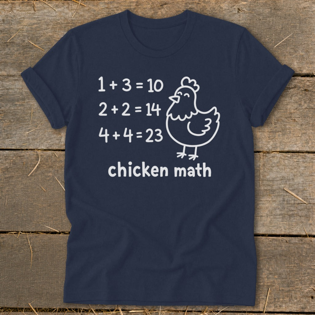 Navy t-shirt with chicken math equations and a cartoon chicken graphic.