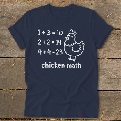 Navy t-shirt with chicken math equations and a cartoon chicken graphic.