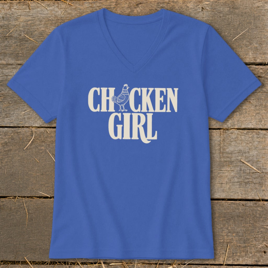 Blue v-neck t-shirt with white text "CHICKEN GIRL" and chicken graphic.