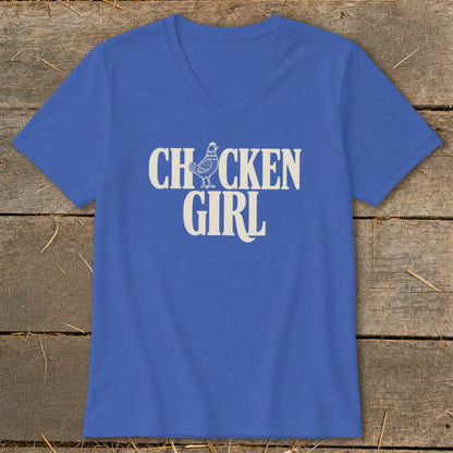 Blue v-neck t-shirt with white text "CHICKEN GIRL" and chicken graphic.