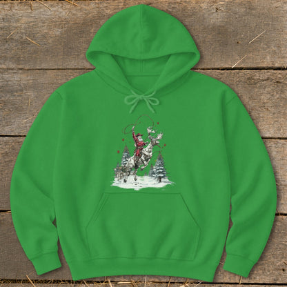 Green hoodie with illustration of Santa riding a reindeer while lassoing.