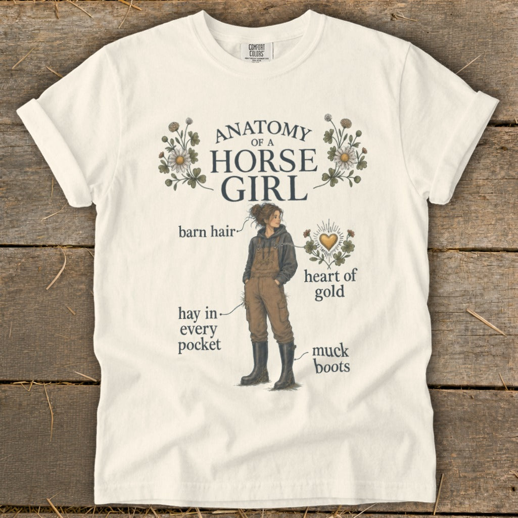 White t-shirt with "Anatomy of a Horse Girl" text and illustration.