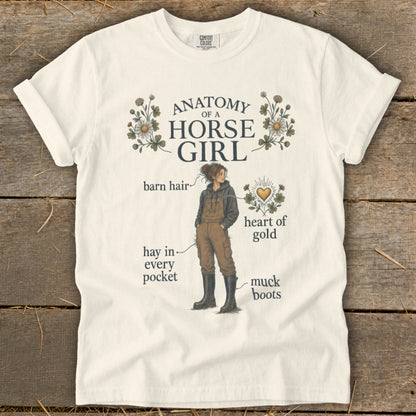 White t-shirt with "Anatomy of a Horse Girl" text and illustration.