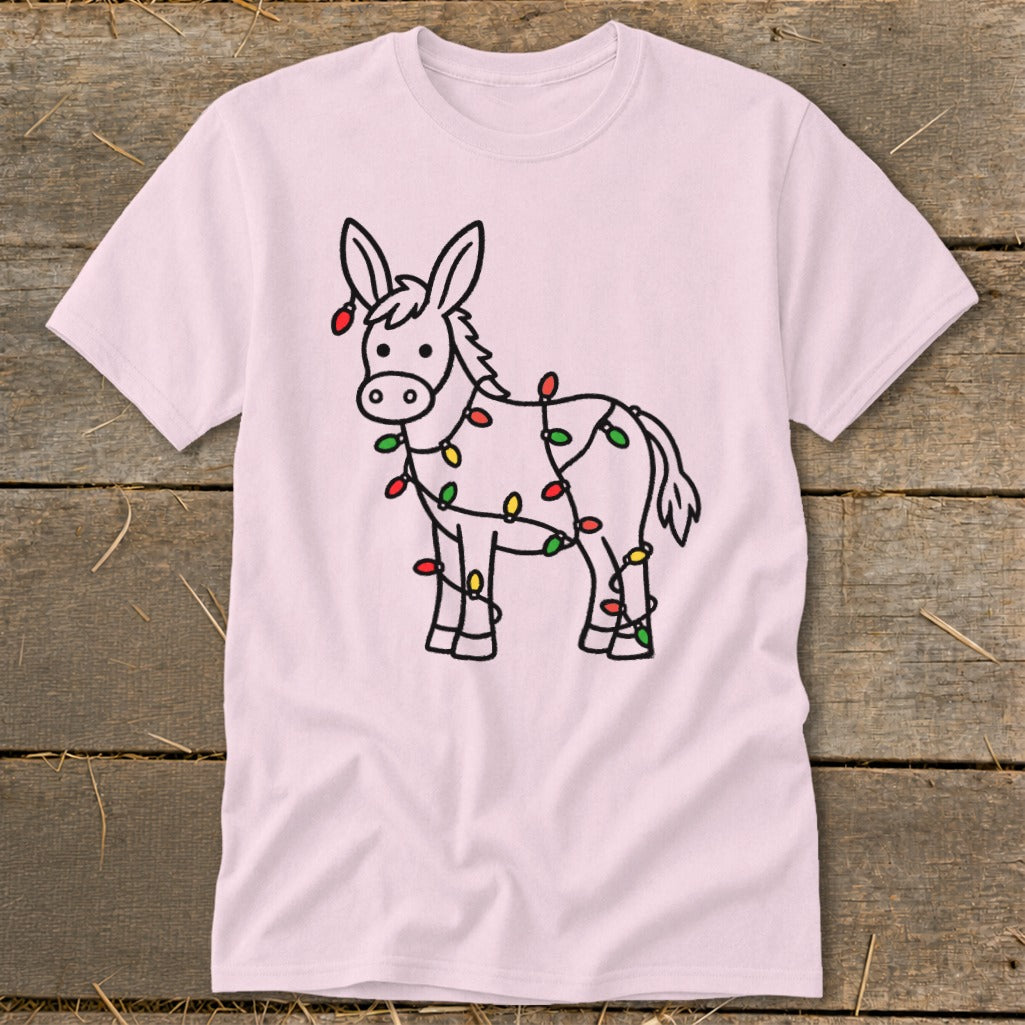 Pink t-shirt with a cartoon donkey wrapped in Christmas lights design.