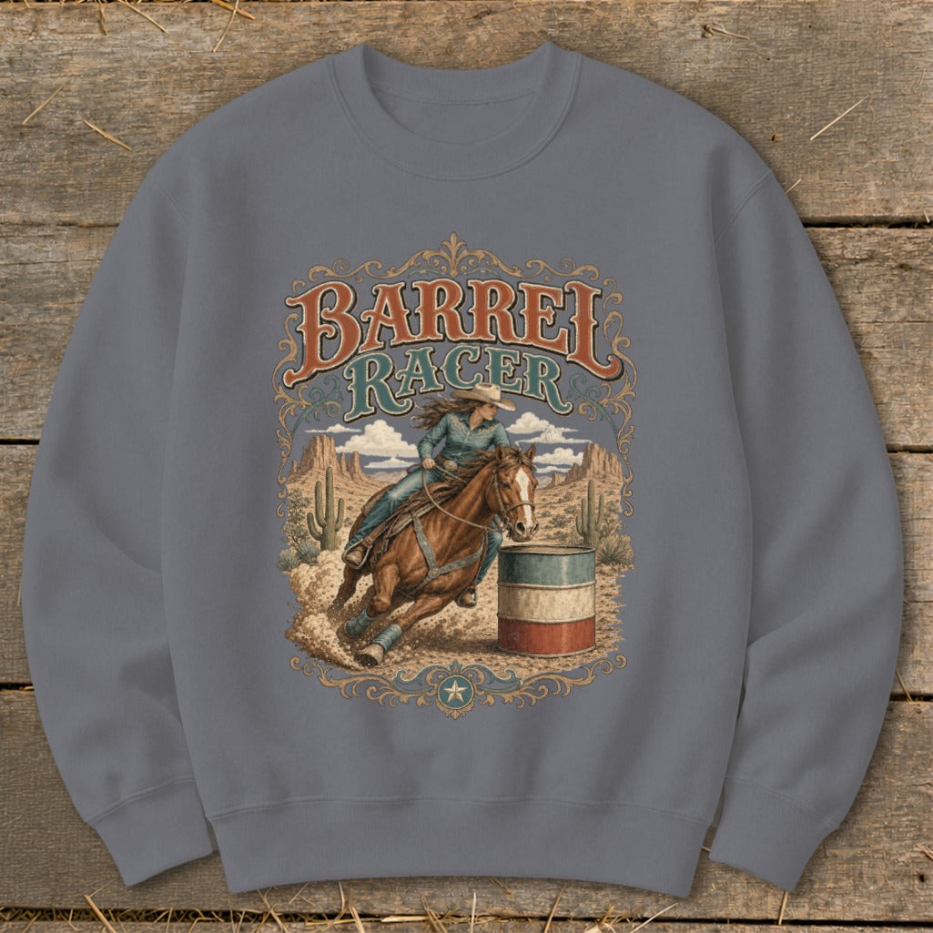 Barrel Racer graphic on a gray sweatshirt with a desert background.