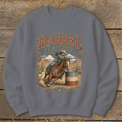 Barrel Racer graphic on a gray sweatshirt with a desert background.