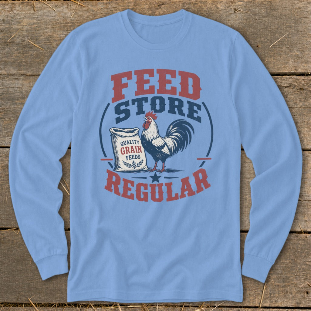 Rooster and feed bag graphic with text: FEED STORE REGULAR.