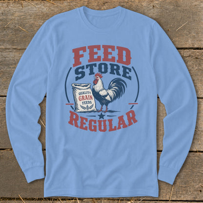 Rooster and feed bag graphic with text: FEED STORE REGULAR.