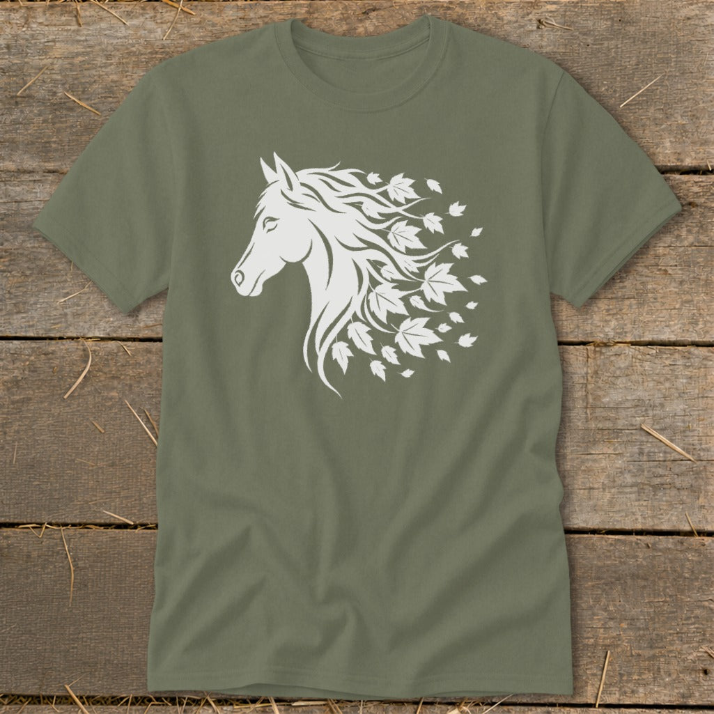 Green t-shirt with white horse head graphic and falling leaves design.
