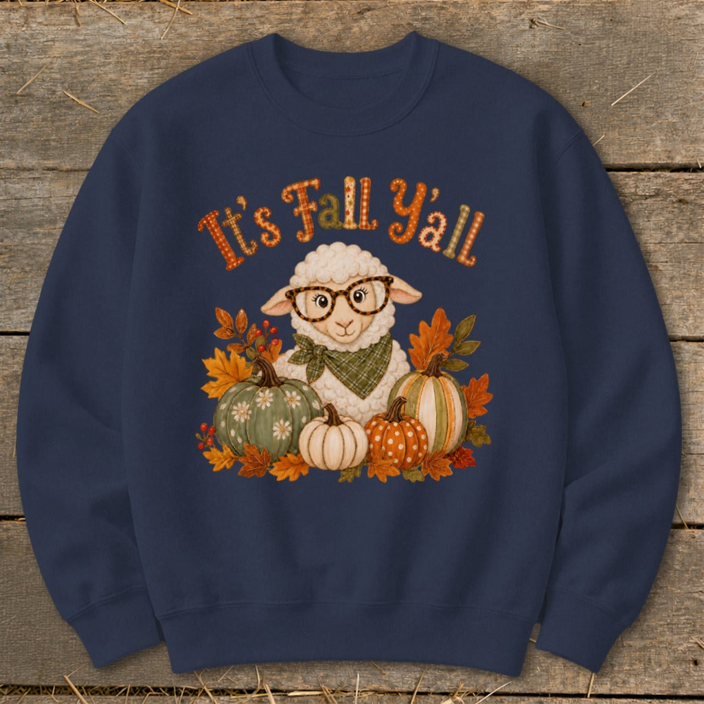 Sheep wearing glasses surrounded by pumpkins and fall leaves with "It's Fall Y'all" text.
