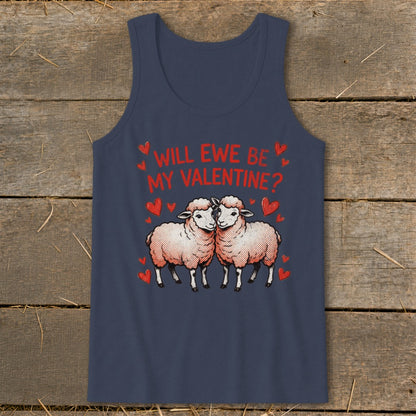 Tank top with two sheep and text "WILL EWE BE MY VALENTINE?" surrounded by hearts.