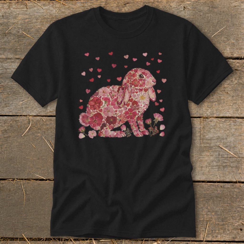 Black t-shirt featuring a rabbit made of pink and red flowers and heart details.