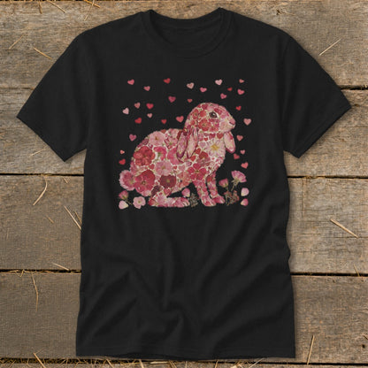 Black t-shirt featuring a rabbit made of pink and red flowers and heart details.