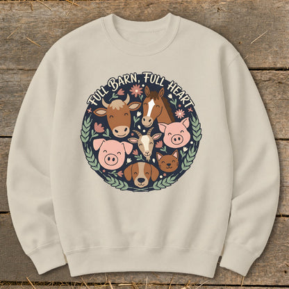 Cream sweatshirt with circular farm animal illustration and "Full Barn, Full Heart" text.