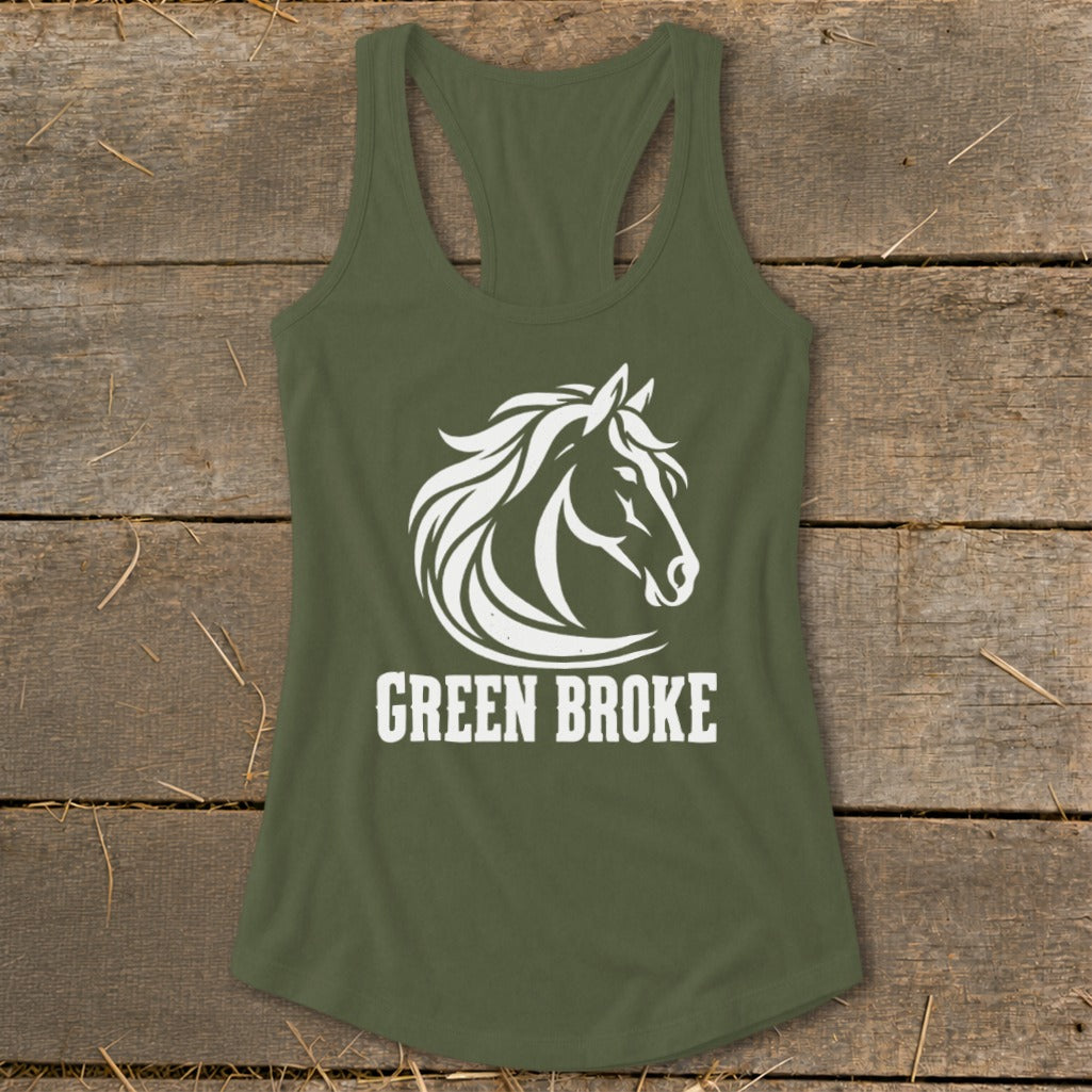 Olive green racerback tank top with a white horse head graphic and text reading Green Broke.