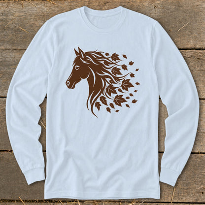 Brown horse head graphic with flowing mane and autumn leaves on a white long-sleeve shirt.