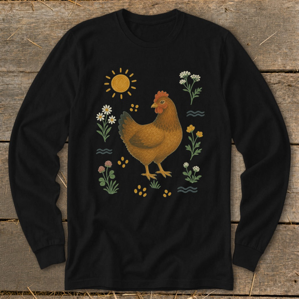 Black long-sleeve shirt with a brown chicken surrounded by flowers and sun.