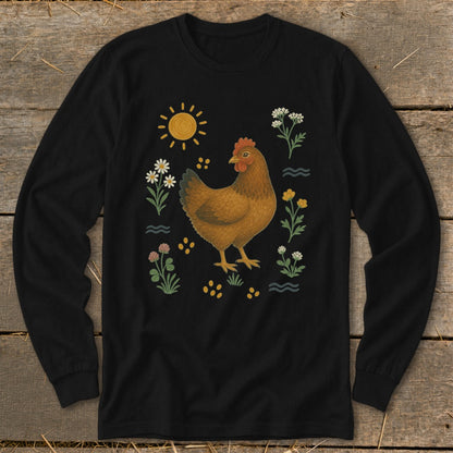 Black long-sleeve shirt with a brown chicken surrounded by flowers and sun.