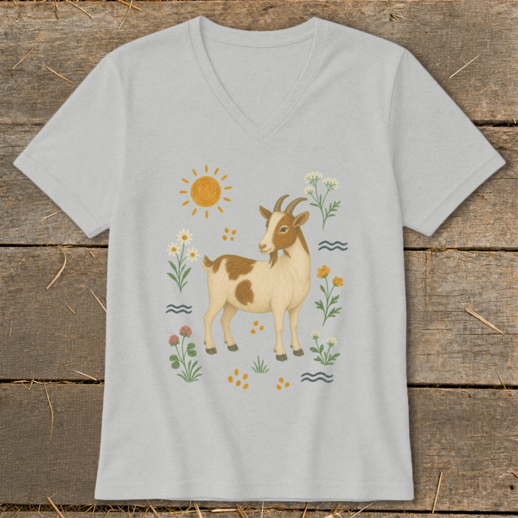 Light grey v-neck t-shirt with a watercolor illustration of a goat, sun, and flowers.