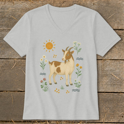 Light grey v-neck t-shirt with a watercolor illustration of a goat, sun, and flowers.