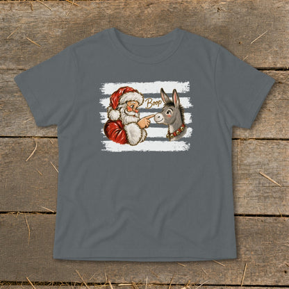 Santa Claus booping a donkey with the word "Boop" above.