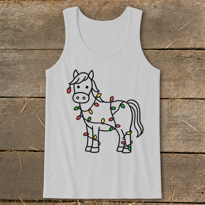 Line art of a horse wrapped in colorful Christmas lights on a light grey tank top.