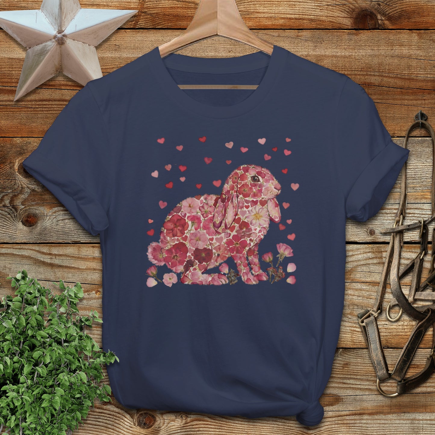 Cute Floral Bunny with Hearts Graphic T-Shirt
