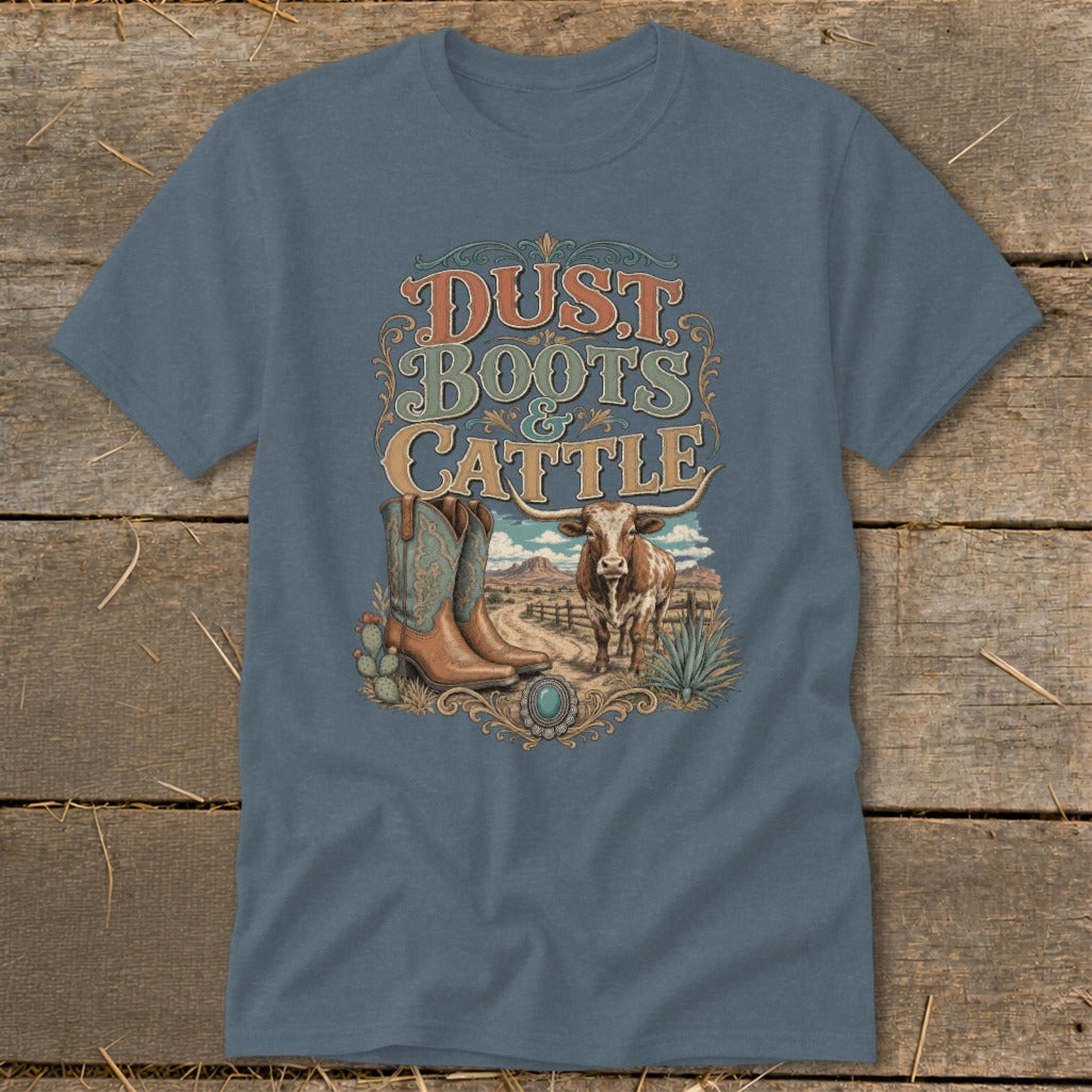 Dust, Boots & Cattle graphic tee with cowboy boots, longhorn steer, and desert landscape.