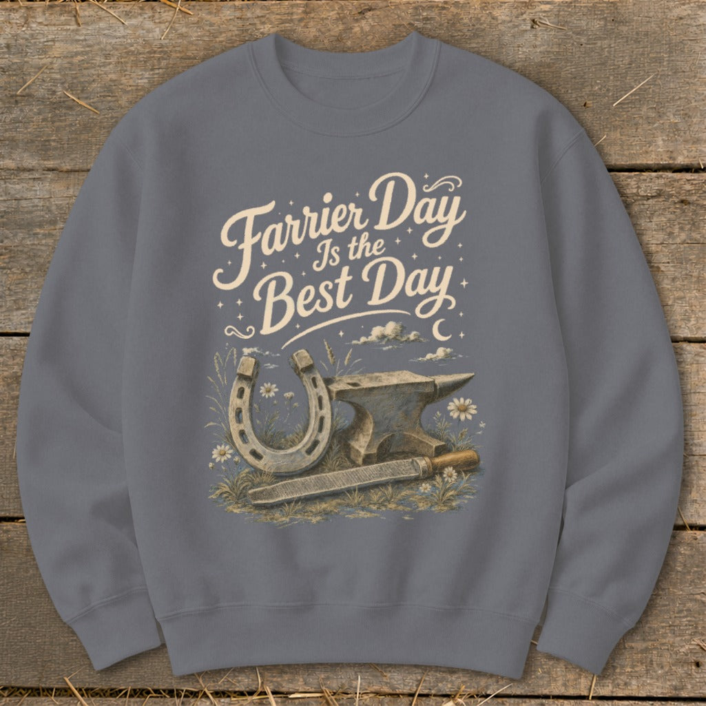 Farrier Day is the Best Day text with horseshoe, anvil, and file on sweatshirt.