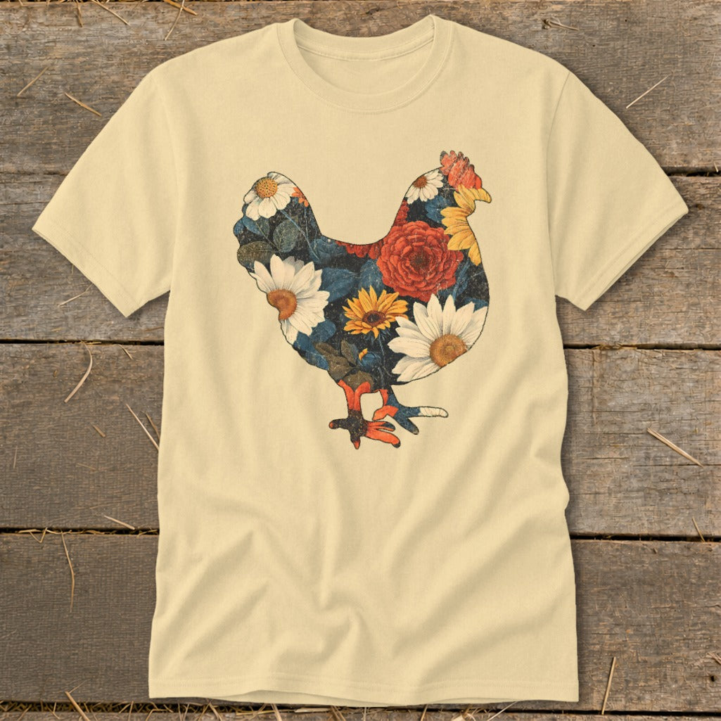 Cream t-shirt with a floral chicken graphic.