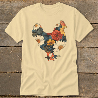 Cream t-shirt with a floral chicken graphic.