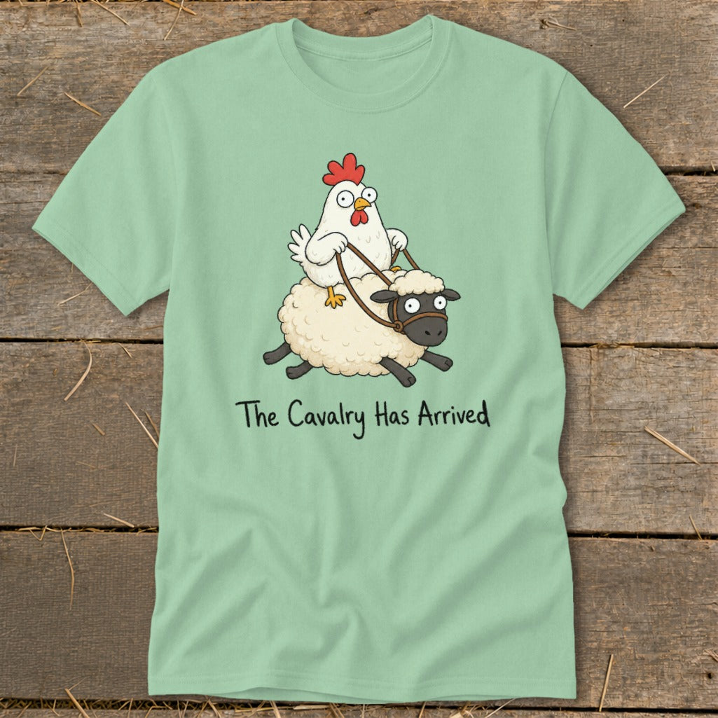 Chicken riding a sheep with "The Cavalry Has Arrived" text.
