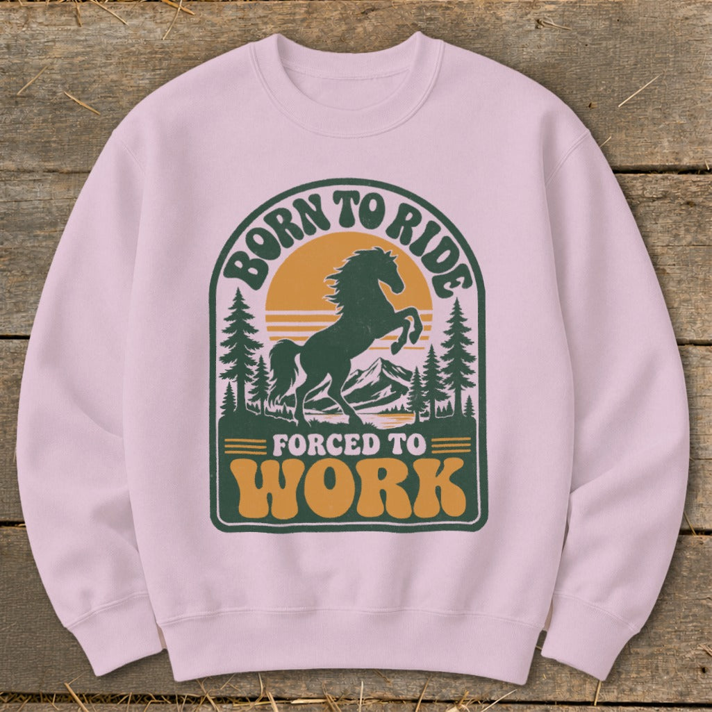 Pink sweatshirt with "Born to Ride Forced to Work" horse graphic.