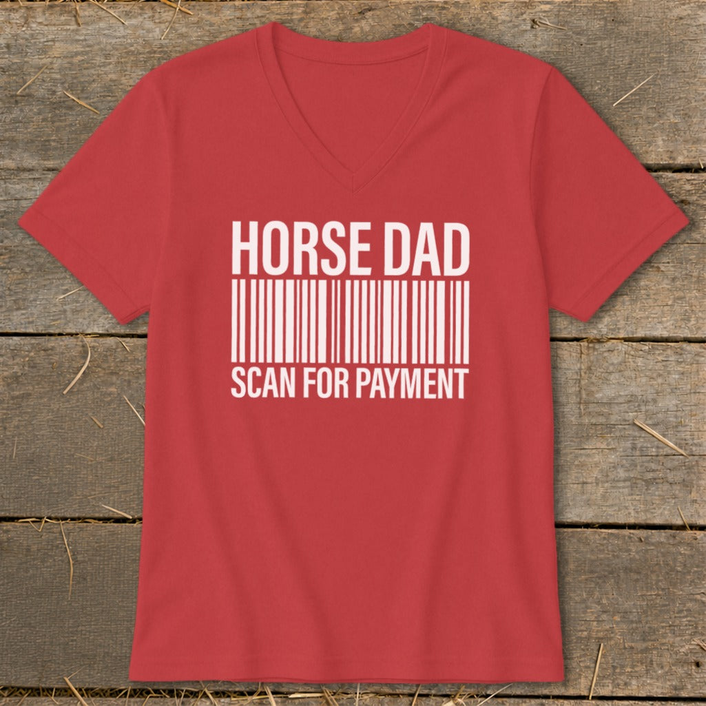 Red t-shirt with white text "HORSE DAD SCAN FOR PAYMENT" and a barcode.