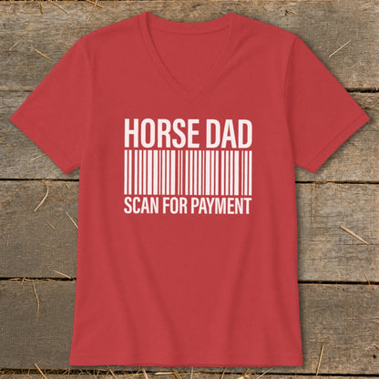Red t-shirt with white text "HORSE DAD SCAN FOR PAYMENT" and a barcode.