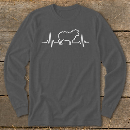 A dark gray long-sleeve crewneck shirt features a white graphic of a sheep integrated into a heartbeat line.
